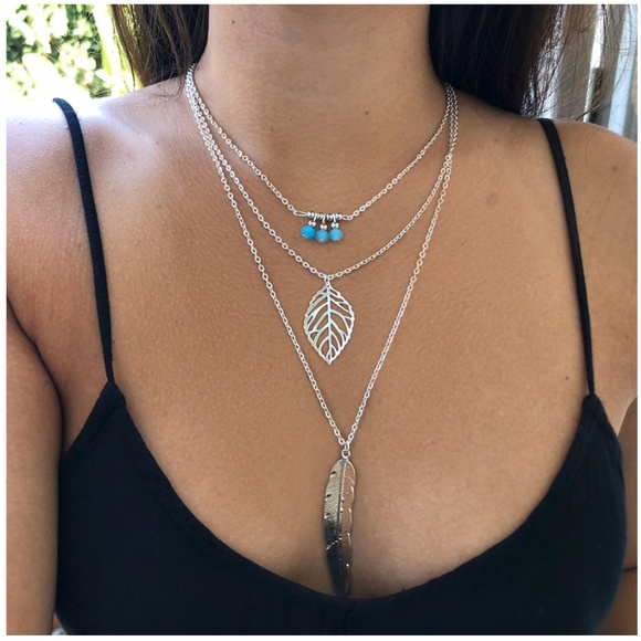 3/$30 Silver 3 Layered Necklace Leaf Feather Boho - Picture 1 of 4